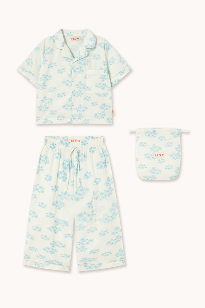 Floral pajama set with matching pouch on a white background