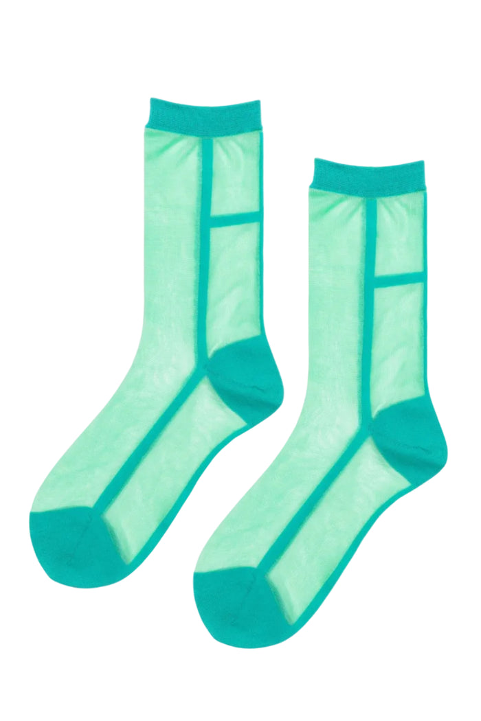 A pair of sheer mint green socks with solid teal trim, cuffs, and toes, displayed against a plain white background.