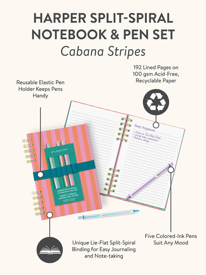 Cabana Stripes Harper Split-Spiral Notebook & Pen Set