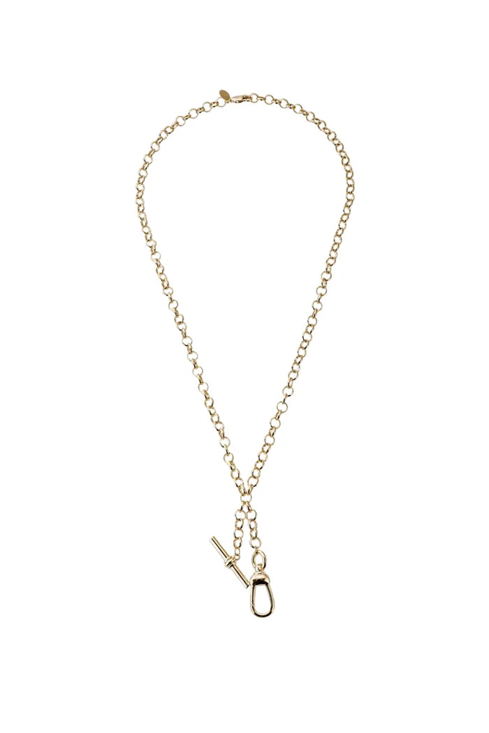 Gold necklace with a clasp on a white background