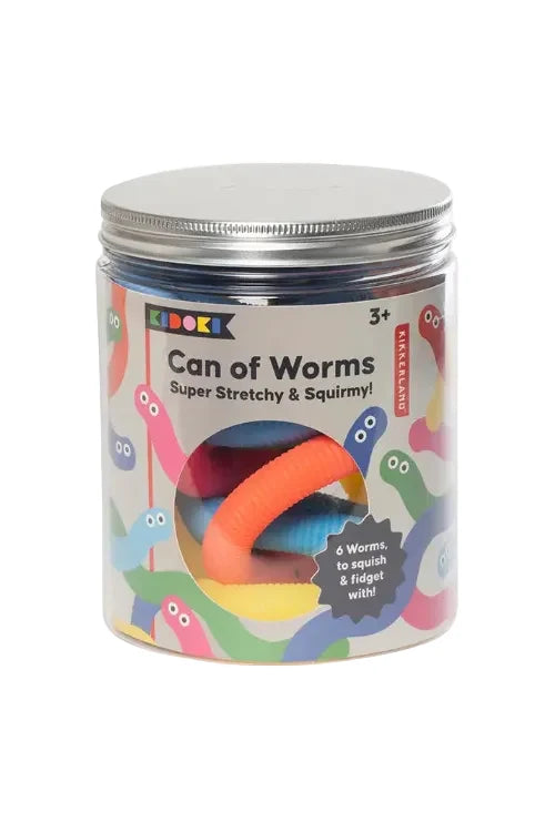 Can of colorful stretchy worms toy with Kidoki branding on a white background