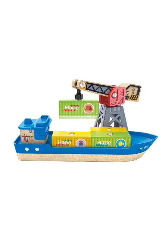 Toy cargo ship with crane and containers on a white background, featuring the Hape brand.