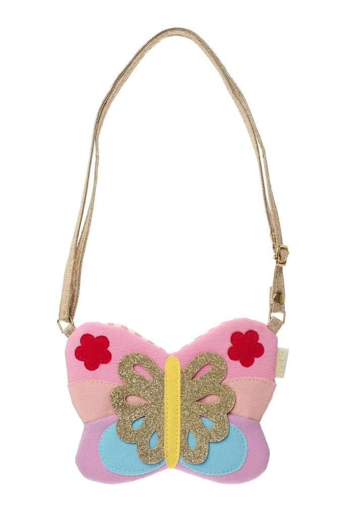 Butterfly-shaped bag with a strap on a white background