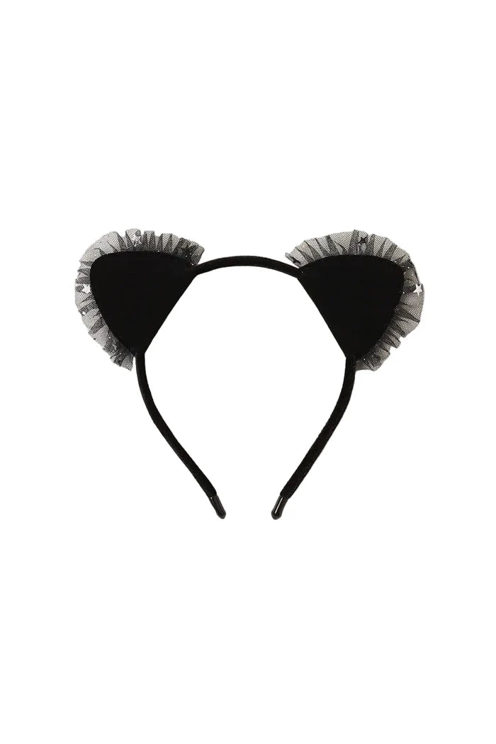 Black cat ears headband with black tulle trim, displayed on a plain off-white background.
