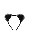 Black cat ears headband with black tulle trim, displayed on a plain off-white background.