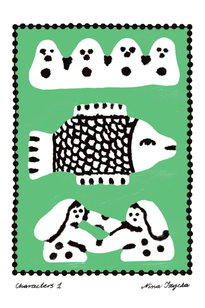 Illustration of a fish with polka-dotted patterns on a green background