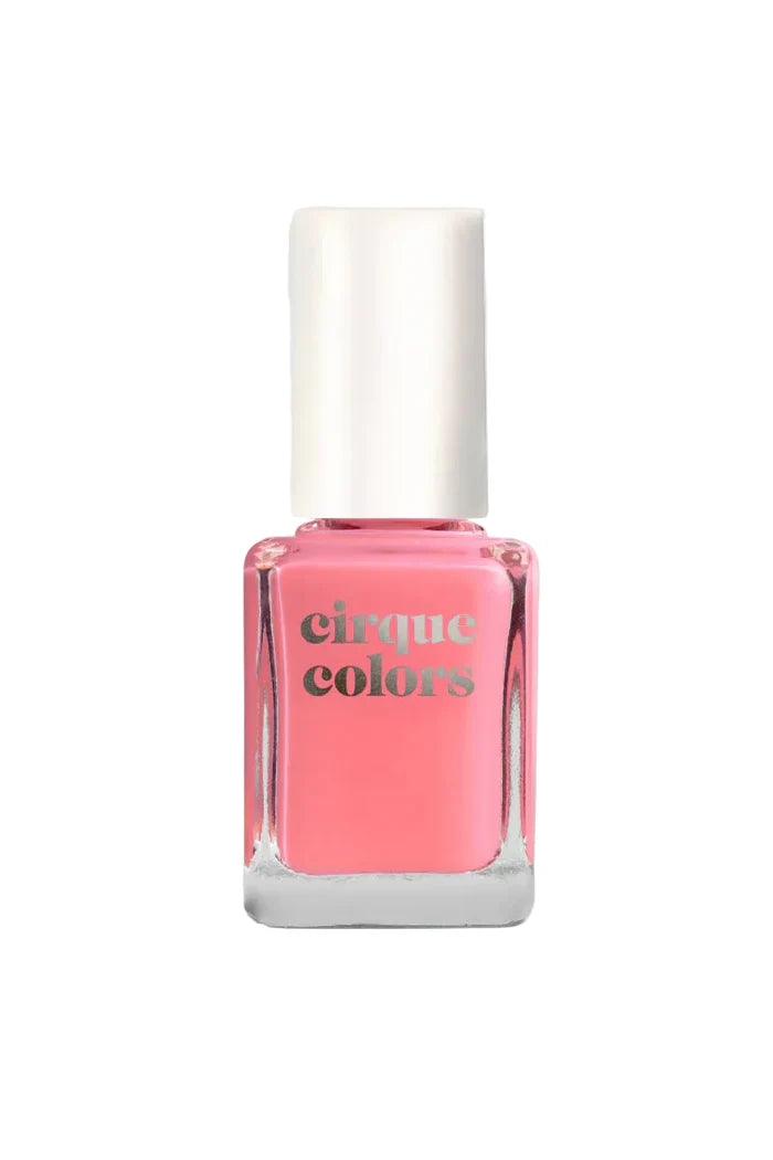 Pink nail polish bottle with 'cirque colors' branding on a light gray background