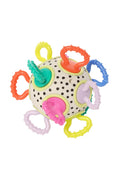 Colorful baby teething ball with multiple handles on a white background
