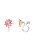 Clip on flower shaped enamel earrings on white background