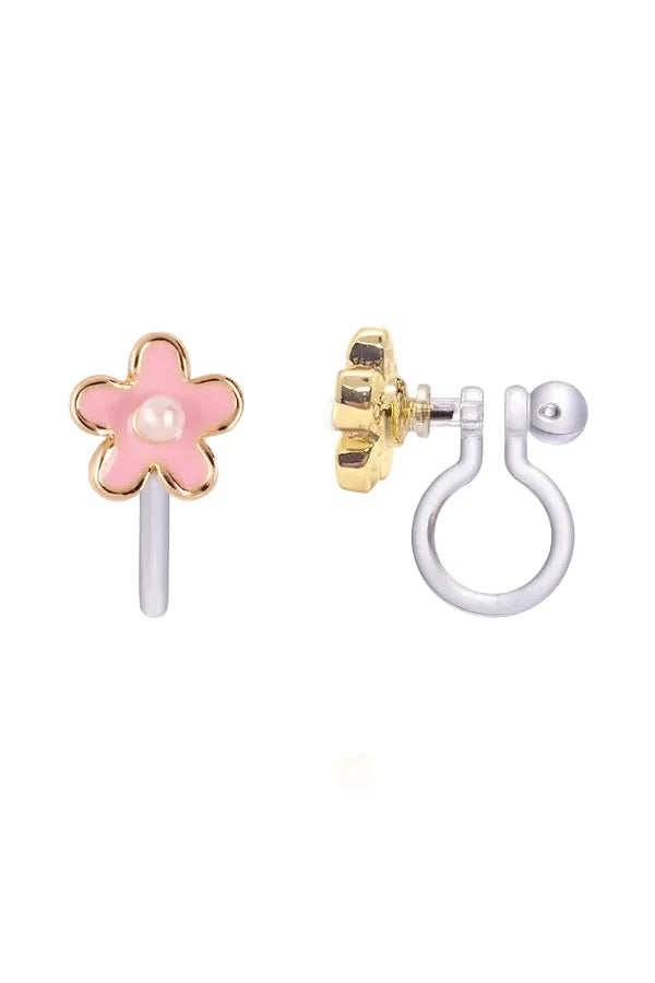 Flower-shaped earrings with pink center and gold and silver accents on a white background