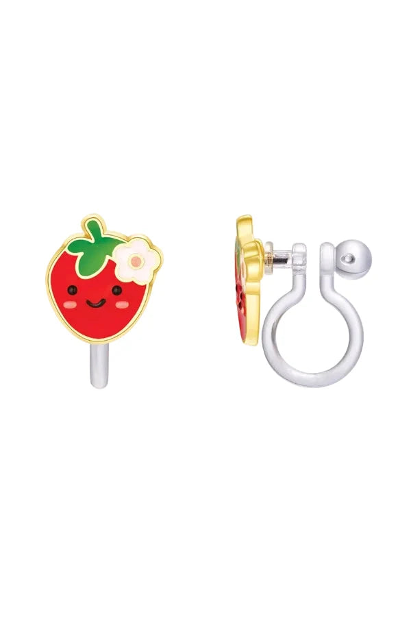 Strawberry-shaped earring with a white background