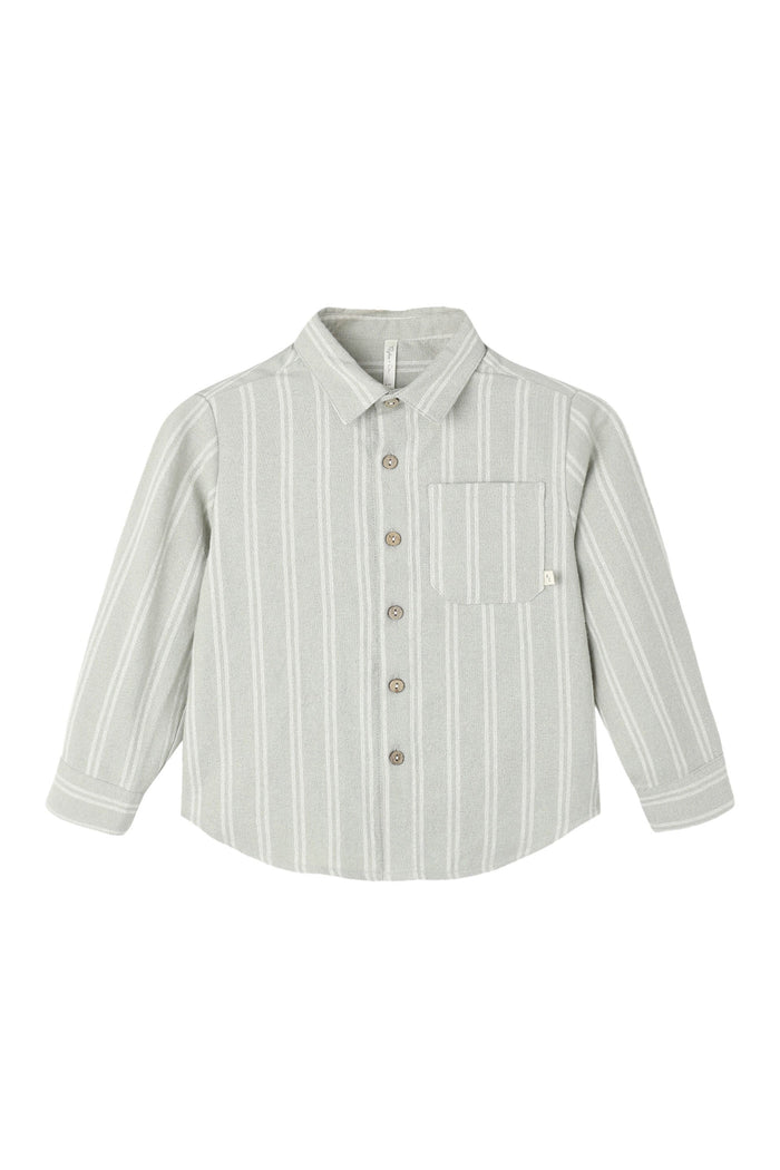 A long-sleeve button-up shirt with vertical stripes in sage green and white, featuring a classic collar, button-down front, and a chest pocket.