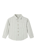 A long-sleeve button-up shirt with vertical stripes in sage green and white, featuring a classic collar, button-down front, and a chest pocket.