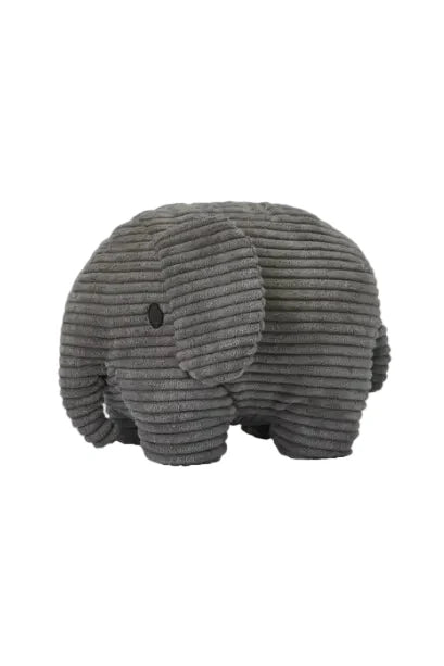 Gray plush elephant toy on a white background