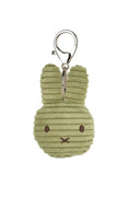 A small plush bunny keychain in light olive green corduroy fabric with embroidered facial features and a silver metal clasp, shown on a plain white background.