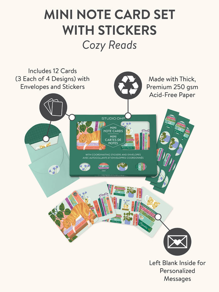 Cozy Reads Assorted Mini Note Card Set with Stickers