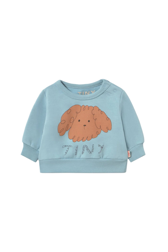 A light blue long-sleeve baby sweatshirt featuring a graphic of a fluffy orange-brown dog head and the word 'TINY' printed below it, displayed on a clean off-white background.