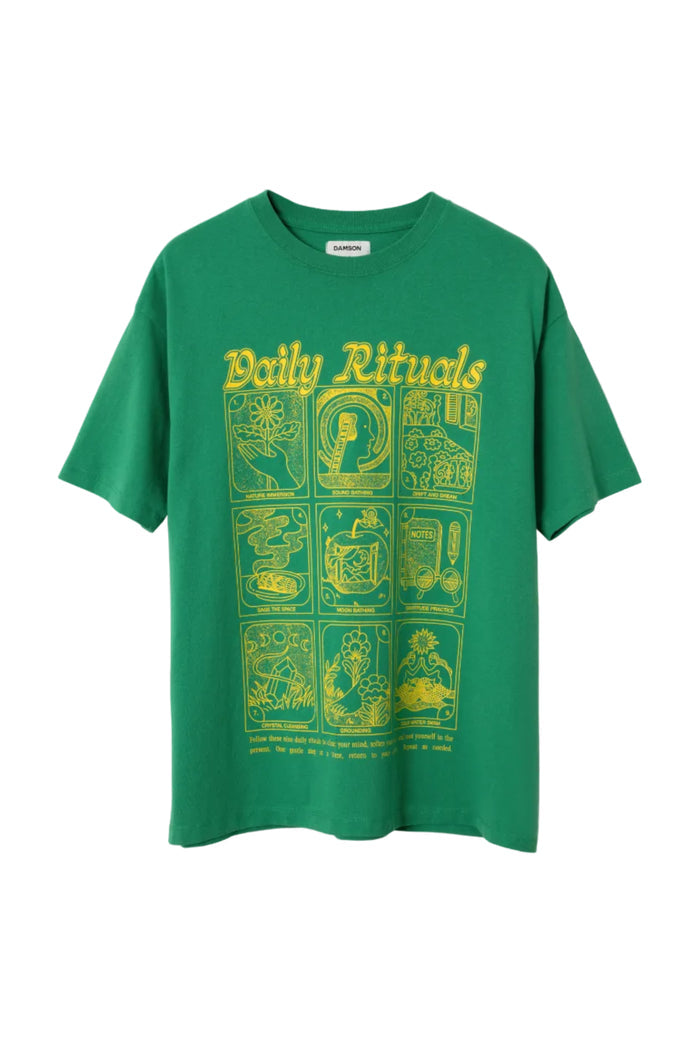 Green t-shirt with yellow graphic design and text on a white background