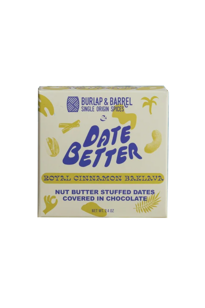Box of Burlap & Barrel Date Better Royal Cinnamon Baklava on a white background