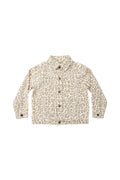 A long-sleeve button-up denim jacket featuring a beige and brown leopard print pattern, displayed flat against a solid white background.