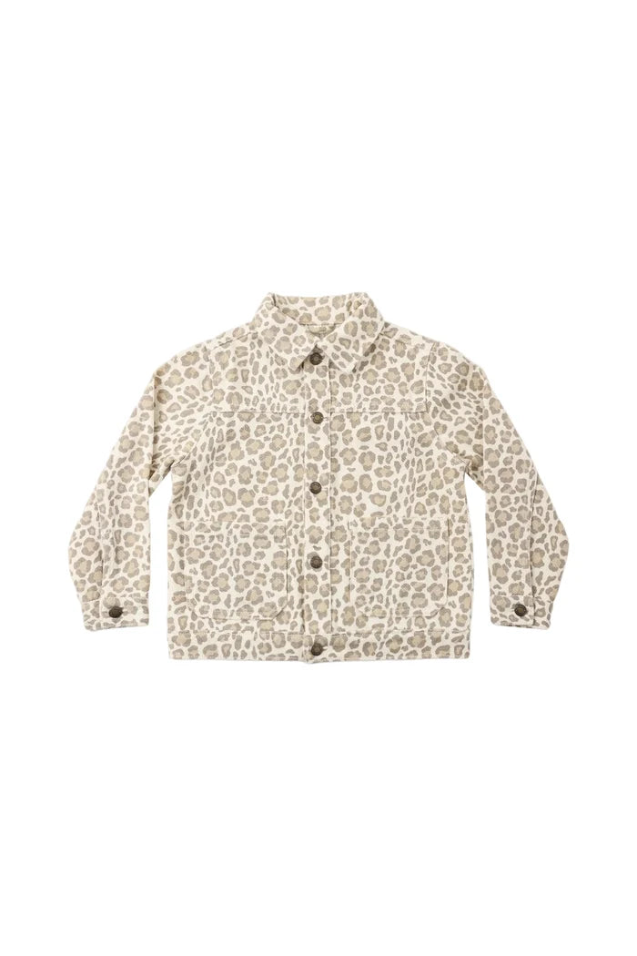 A long-sleeve button-up denim jacket featuring a beige and brown leopard print pattern, displayed flat against a solid white background.