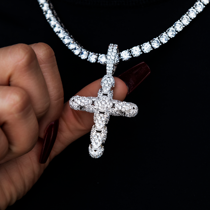 Diamond Pave Snake Link Cross Pendant in White Gold