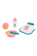 Baby feeding set, including bib, bowl, spoon, sippy cup, and bottle against a white background.
