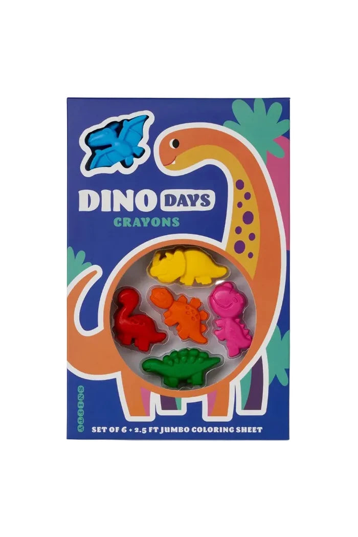 Dino Days crayons packaging with colorful dinosaur shapes on a blue background