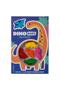 Dino Days crayons packaging with colorful dinosaur shapes on a blue background