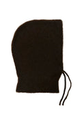 A dark brown fuzzy knit hood with a drawstring closure, laid flat on a white background.