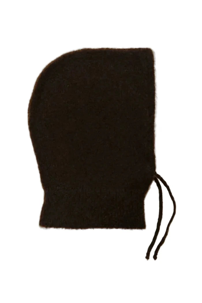 A dark brown fuzzy knit hood with a drawstring closure, laid flat on a white background.