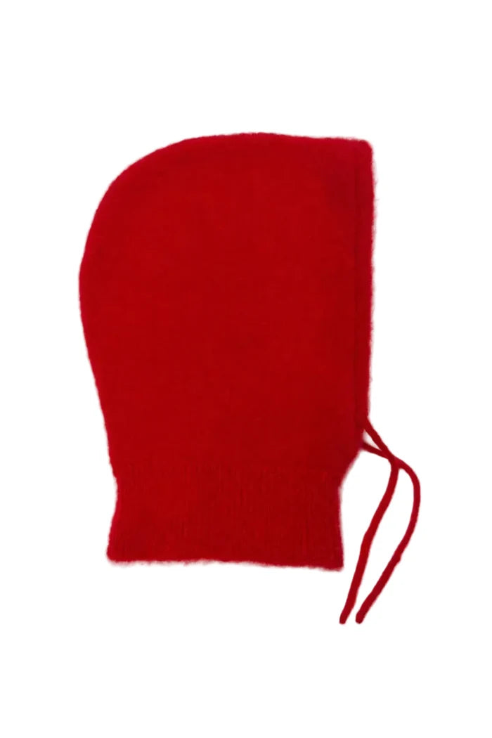 A bright red knit hooded scarf or neck warmer with a ribbed cuff and drawstring ties, shown flat against a plain white background.