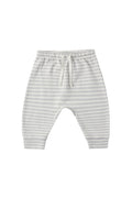 A pair of baby jogger pants with fine horizontal gray and white stripes, featuring an elastic waistband and drawstring.