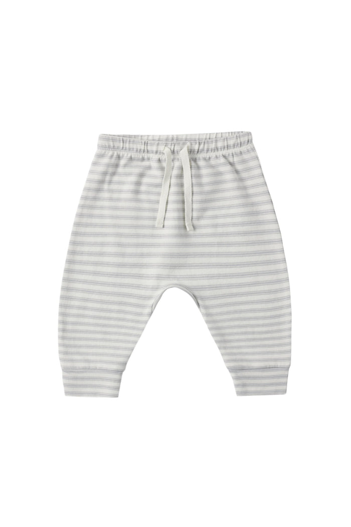 A pair of baby jogger pants with fine horizontal gray and white stripes, featuring an elastic waistband and drawstring.