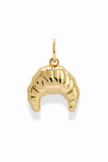 A polished gold croissant pendant charm with a small top loop, shown on a clean white background.
