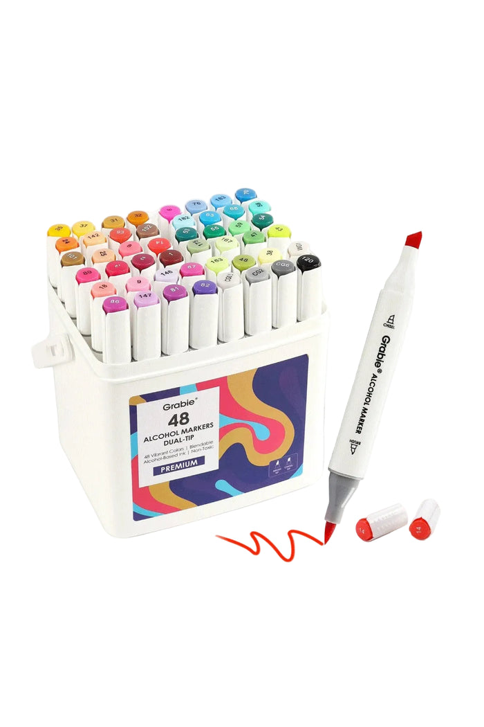 Set of 48 alcohol markers with a white container on a white background
