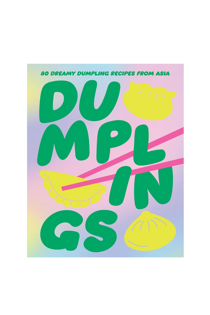 Book cover of 'Dumplings' with colorful text and dumpling illustrations on a pastel background