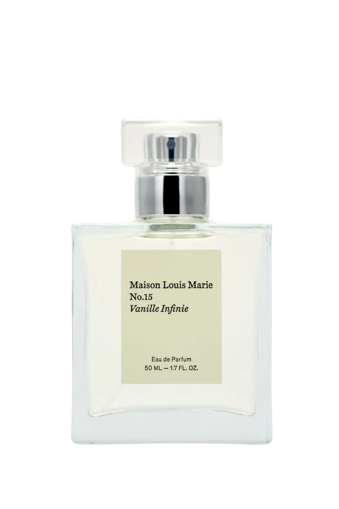 Perfume bottle labeled 'Maison Louis Marie No.15 Vanille Infinie' on a white background
