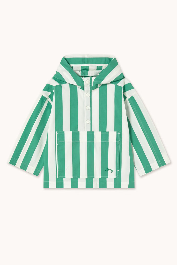 Green and white striped hooded jacket on a white background