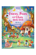 Children's sticker book cover featuring fairies, pixies, and elves with colorful illustrations.