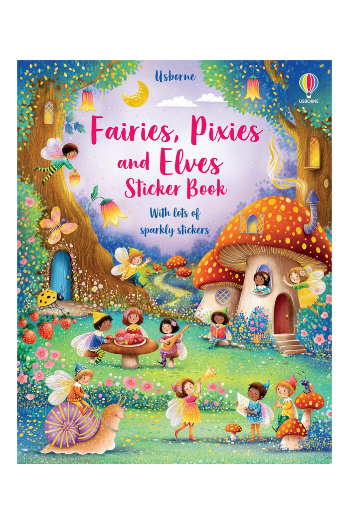 Children's sticker book cover featuring fairies, pixies, and elves with colorful illustrations.