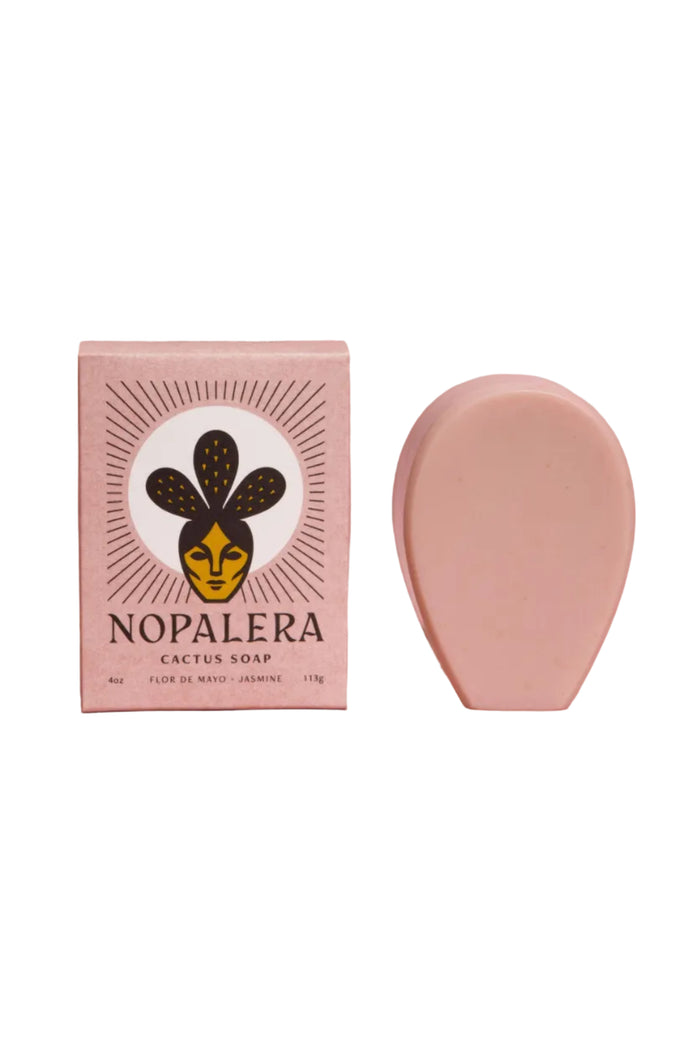 Nopalera cactus soap bar and packaging on a pink background