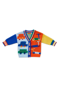 A colorful children's cardigan sweater with a playful toy-themed knit pattern, featuring blue and orange body panels with multicolored car graphics, striped cuffs, and a striped V-neck trim.