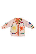 A fuzzy pink cardigan sweater for toddlers, featuring colorful knit patterns with starbursts, stripes, and heart shapes in orange, yellow, green, blue, and red. It has a V-neck, button closure, and striped cuffs.
