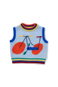 Blue fuzzy kids vest with a rainbow bike graphic.