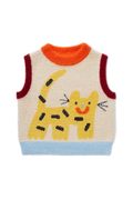 A sleeveless fuzzy knit sweater vest in cream with a colorful cat graphic. The vest features an orange crew neck, dark red armholes, a light blue hem, and a yellow cat design with black stripes on the front.
