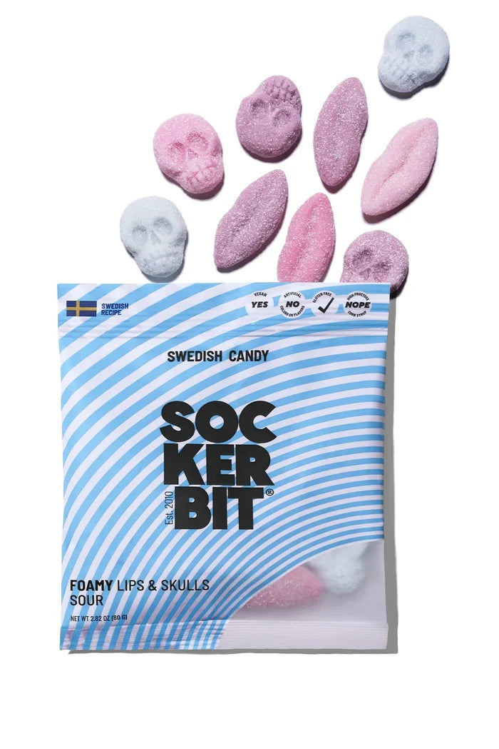 Gummies coming out of packaging with "Sockerbit" branding on white background