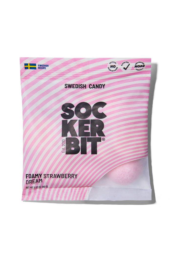 Pink packaging of Swedish Candy's Sockerbit Foamy Strawberry Dream with brand logo and text.