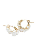 Gold hoop earrings adorned with clusters of white freshwater pearls, displayed on a clean white background.