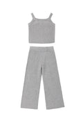A two-piece children's outfit set featuring a sleeveless ribbed knit crop top and matching wide-leg cropped pants in a light gray and white vertical stripe pattern, displayed flat against a light gray background.